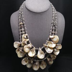 Chico's Natural Shell Beaded Necklace, Three Strands, Silver Beads, 22 Inches